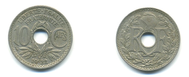 ФРАНЦИЯ 10 САНТИМОВ 1922 ТИП ЛИНДАЙЁ KM 866а медно-никель 80-624