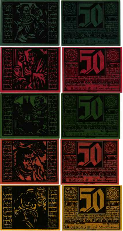 ЭРФУРТ НАБОР ИЗ 5 БАНКНОТ ПО 50 ПФЕННИГОВ 1921 7 АПРЕЛЯ 1921, НОТГЕЛЬД, ЗЕМЛЯ ТЮРИНГИЯ Keller 344.2 бумага 6318-26-1-1
