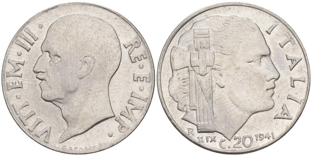 ИТАЛИЯ 20 ЧЕНТЕЗИМО 1941 R, ГОД XIX, ВИКТОР ЭММАНУИЛ III (1900-1946) KM 75b, VEM3. 1028 нержавеющая сталь 3853-1112