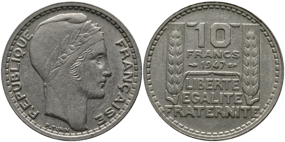 Франция 10 франков 1947 KM 908.1, Le Franc 361.4 медно-никель 98-711