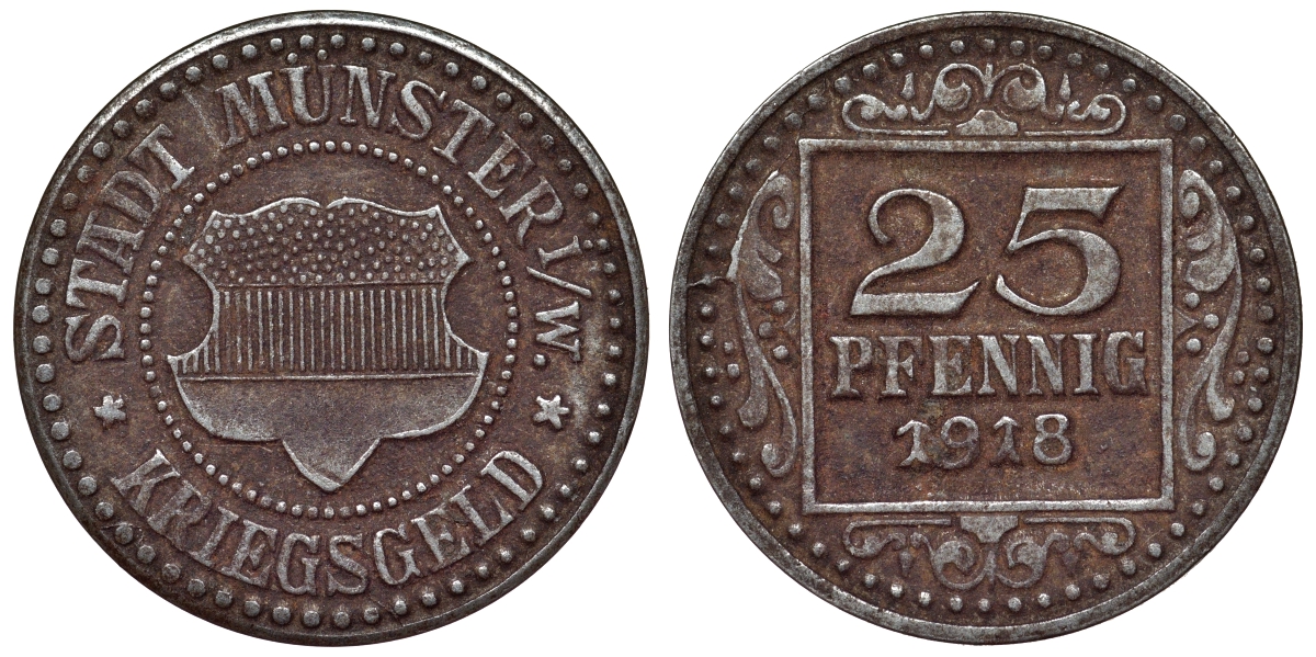 Германия, Мюнстер 25 пфеннигов 1918 Северный Рейн-Вестфалия, нотгельд Funck 350.4 железо 4121-332