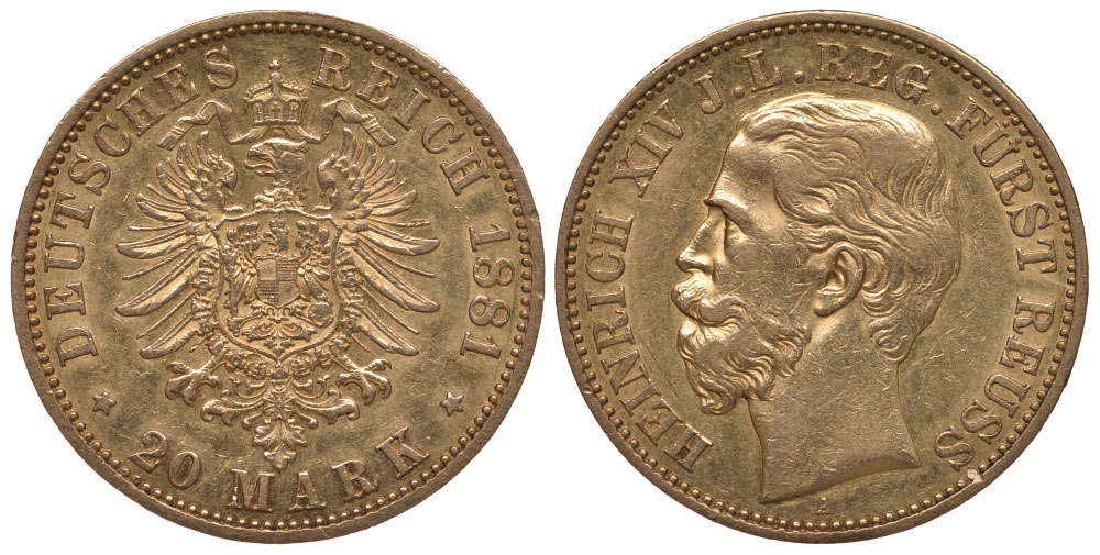 Рейсс (младшая линия) 20 марок 1881 Генрих XIV (1867-1913) J. 256, KM 80 золото 10-010-65