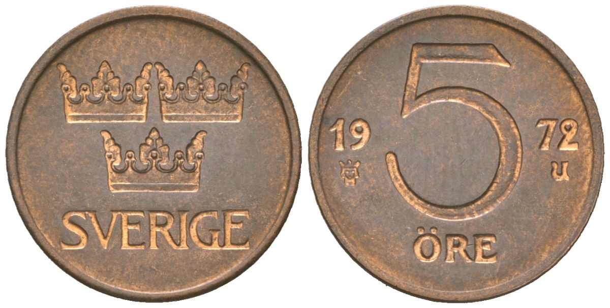 Швеция 5 эре 1972 U, Густав VI Адольф (1950-1973) KM 845 бронза 220-1022