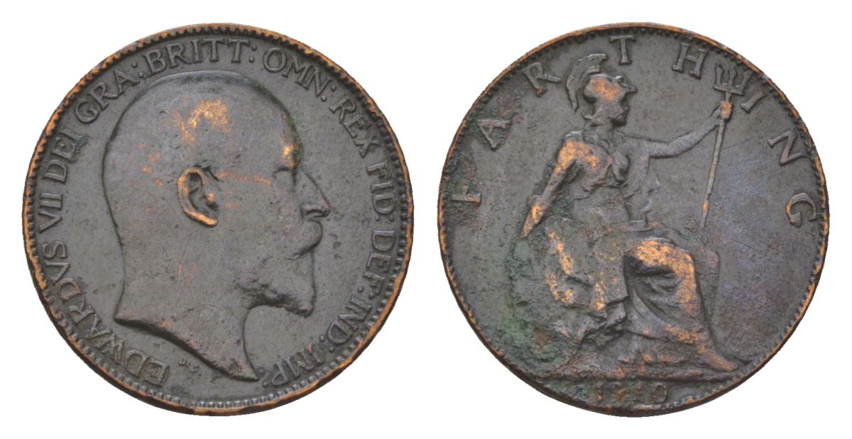 Великобритания 1 фартинг 1910 Эдуард VII (1901-1910) KM 792, Spink 3992 бронза 4623-1027