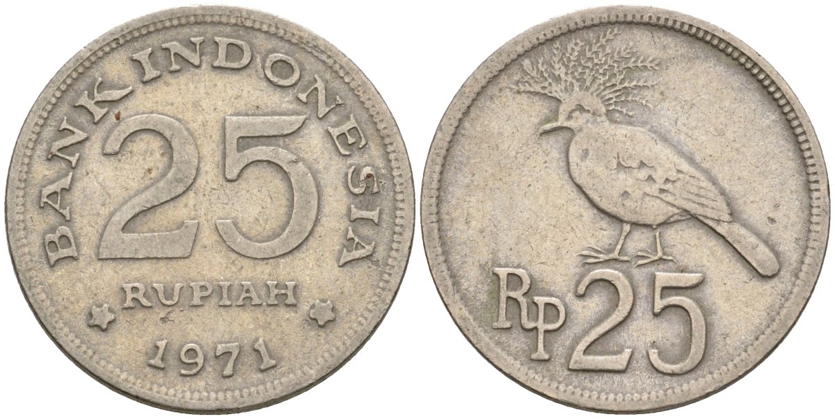 Индонезия 25 рупий 1971 венценосный голубь KM 34 медно-никель 4605-744