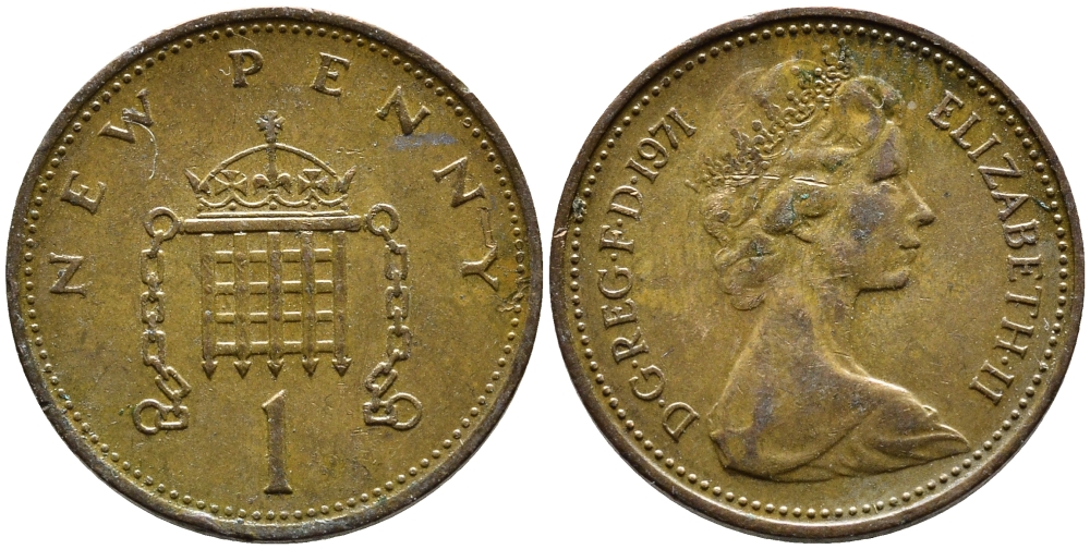 Великобритания 1 пенни 1971 Елизавета II (1952-2022) KM 915, Spink 4237 (B1) бронза 4393-247