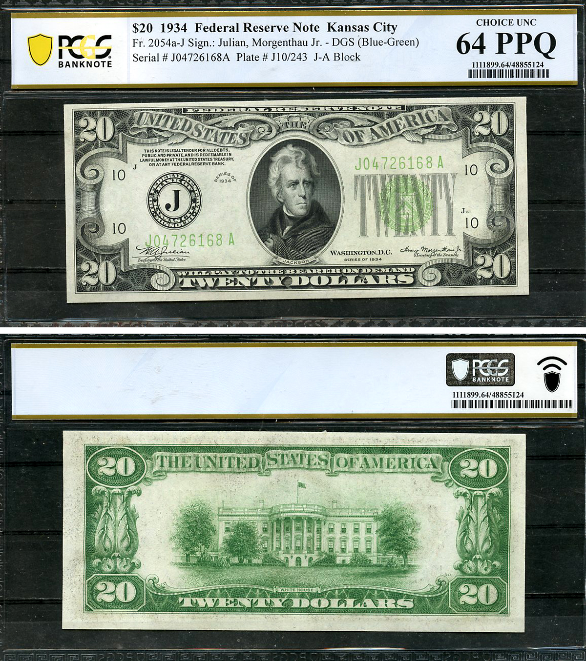 США 20 долларов 1934 серия 1934, J (Канзас), в слабе PCGS 64 PPQ Choice UNC Pick 431D, Fr. 2054a  бумага  UNC (пресс) 452-1-144
