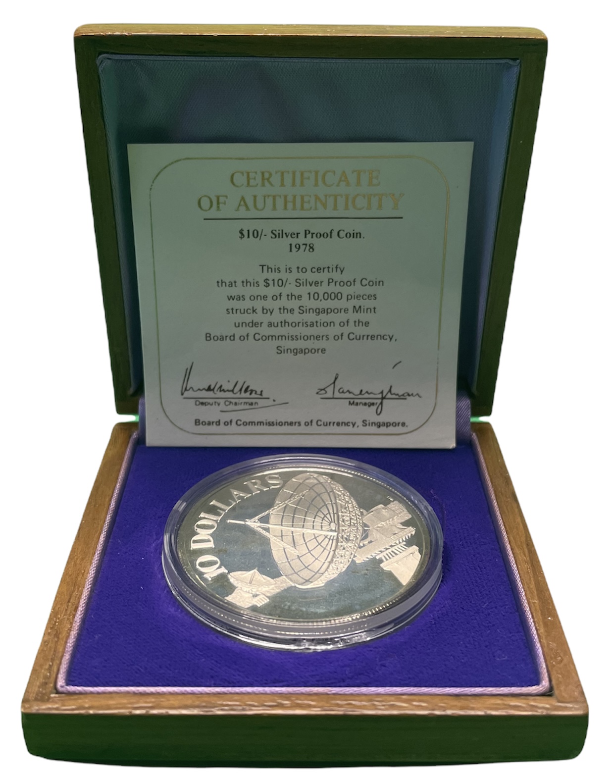 Сингапур 10 долларов 1978 спутники связи, локатор, в оригинальной коробке, с сертификатом KM 17.1 серебро PROOF 00-00