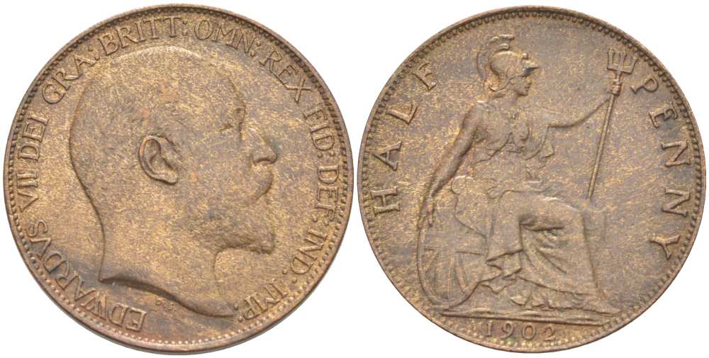 Великобритания 1/2 пенни 1902 Эдуард VII (1901-1910) KM 793.2, Spink 3991 бронза 1518-1414