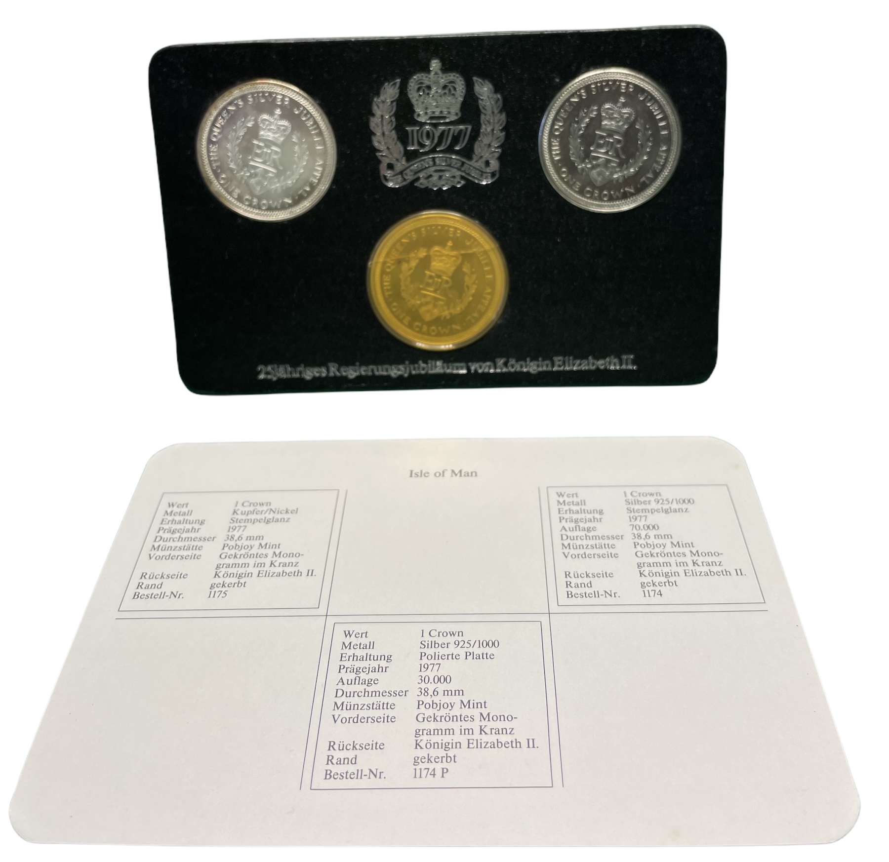 Остров Мэн набор из 3 монет по 1 крона 1977 25 лет правления Елизаветы II, в буклете KM 42, 42а, 42а серебро, серебро, медно-никель PROOF, UNC, UNC 7-5-1-23