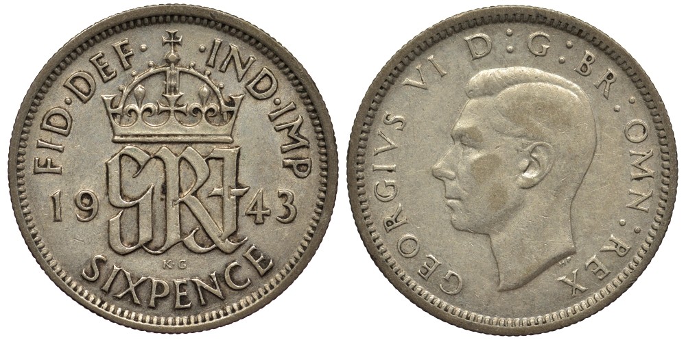 Великобритания 6 пенсов 1943 Георг VI (1936-1952) KM 852, Spink 4084 серебро 4538-525