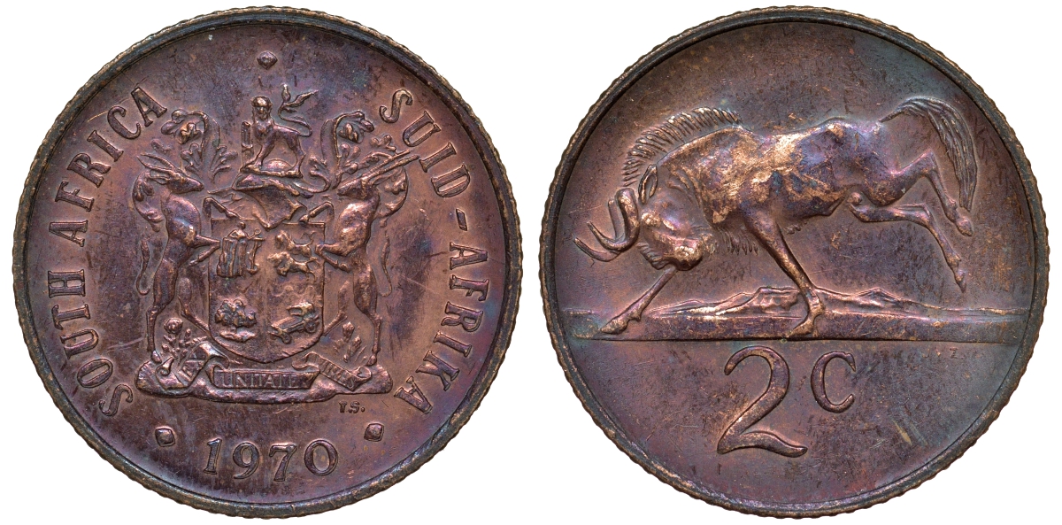 ЮАР 2 цента 1970 герб, антилопа гну KM 83 бронза 4163-1017