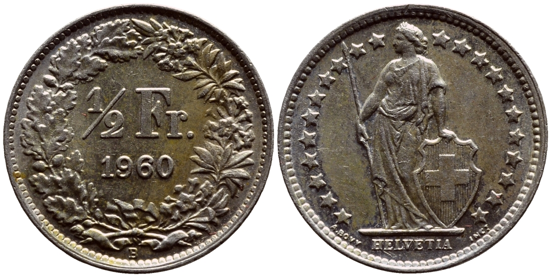 Швейцария 1/2 франка 1960 В KM 23 серебро 633-934