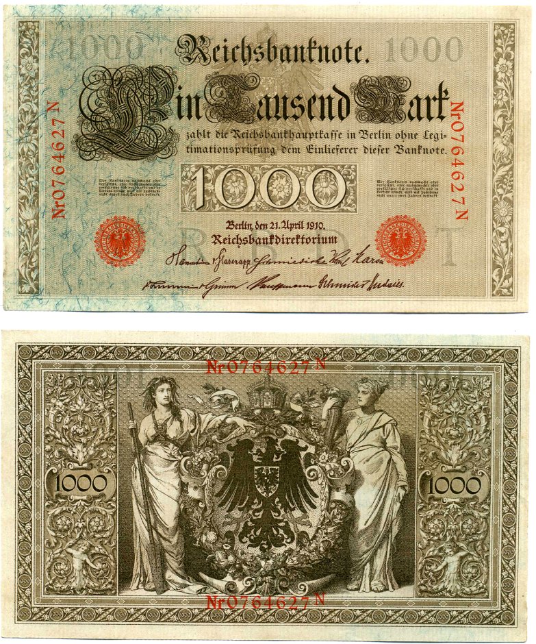 Германия 1000 марок 1910 21 апреля 1910, буква T, номер семизначный, серия N, выпуск (09.1922) Pick 44b, Розенберг 45с бумага 8618-23-1-1