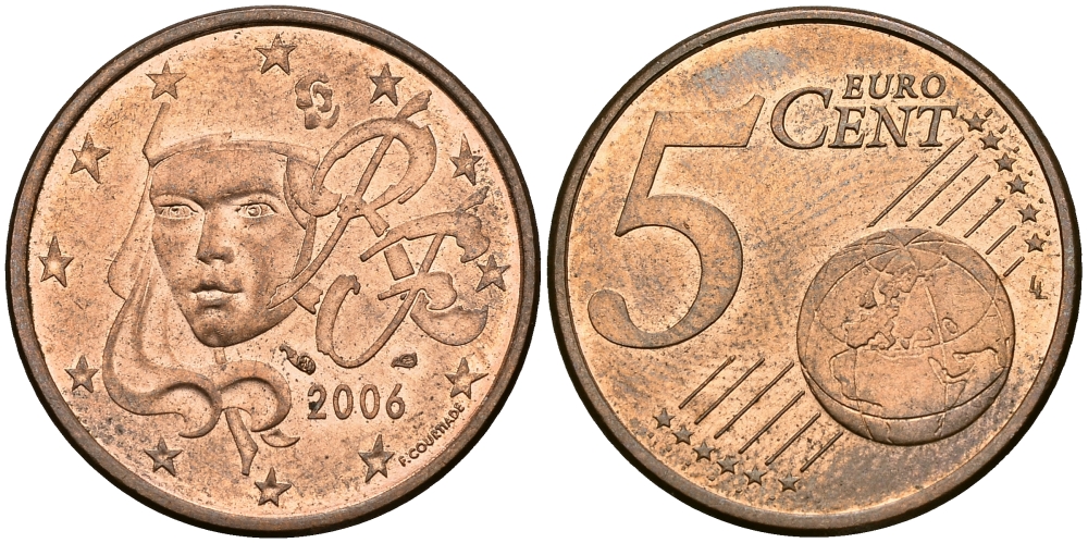 Франция 5 евроцентов 2006 KM 1284 сталь плакированная медью 540-726