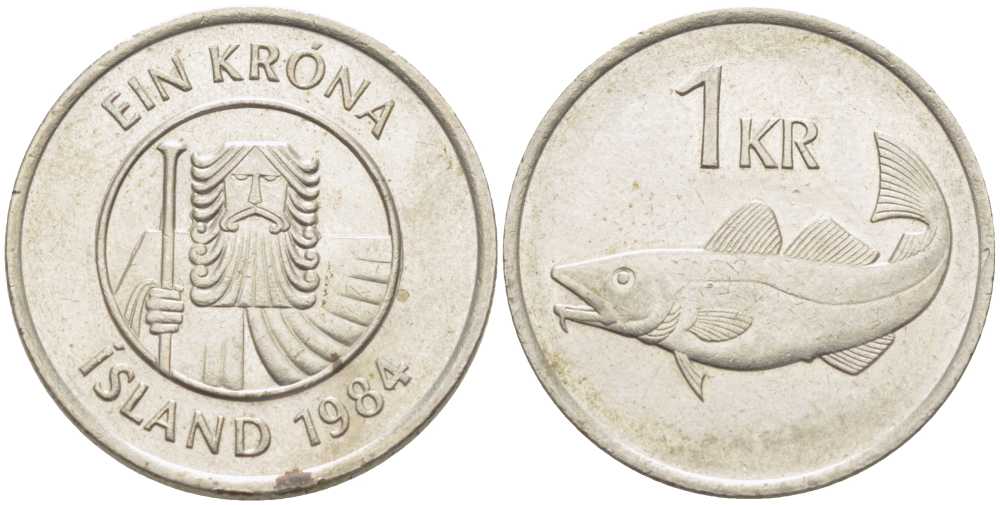 Исландия 1 крона 1984 треска KM 27 медно-никель 117-1041