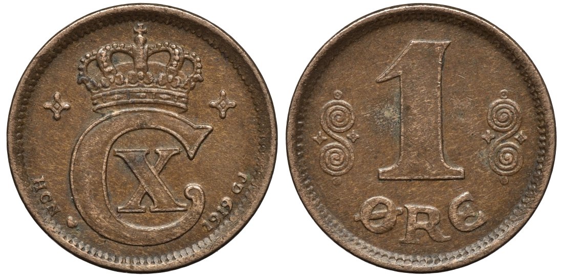 Дания 1 эре 1919 HCN; GJ, Кристиан X (1912-1947) KM 812.2 бронза 26-923