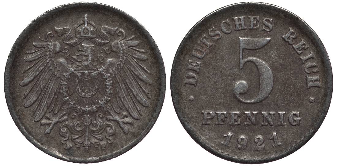 ГЕРМАНИЯ 5 ПФЕННИГОВ 1921 F KM 19, Jager 297, Weege 5 железо 4547-632