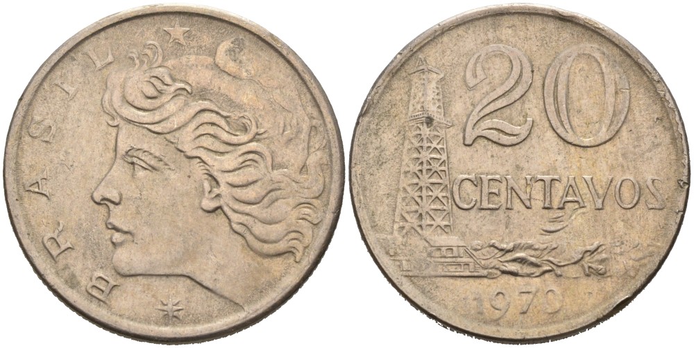 Бразилия 20 сентаво 1970 голова Свободы влево KM 579.2, Schon 84a медно-никель 4178-451