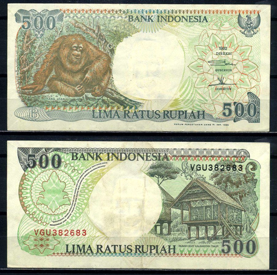 Индонезия 500 рупий 1992/1996 орангутан Pick 128е бумага 8602-22-1-1