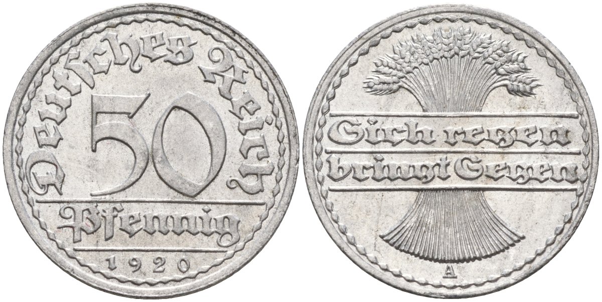 Германия 50 пфеннигов 1920 A KM 27, J.301, Weege 10 алюминий UNC 4584-715