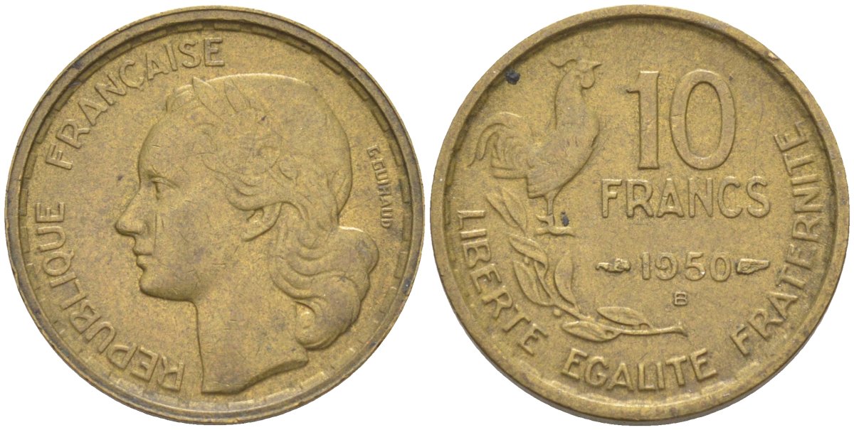 Франция 10 франков 1950 В, петух KM 915.2, Le Frank 363.5 алюминиевая бронза 212-1245