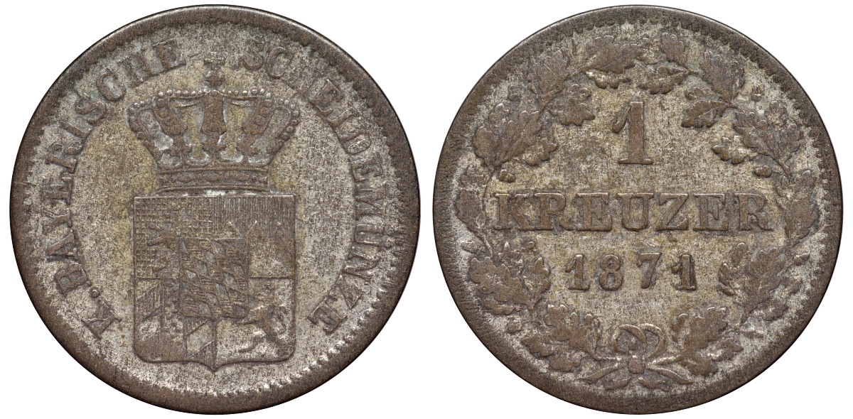 Бавария 1 крейцер 1871 Людвиг II (1864-1886) KM 487 серебро 75-1241