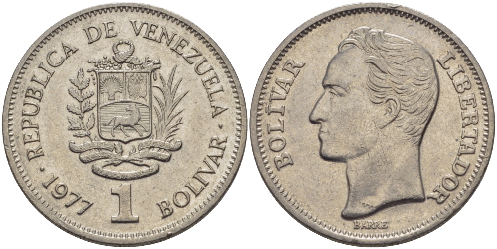 Венесуэла 1 боливар 1977 Симон Боливар KM 52 никель 31-535