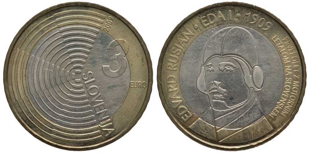 Словения 3 евро 2009 100 лет первому полету самолета Эдварда Русяна KM 85 биметалл 107-125