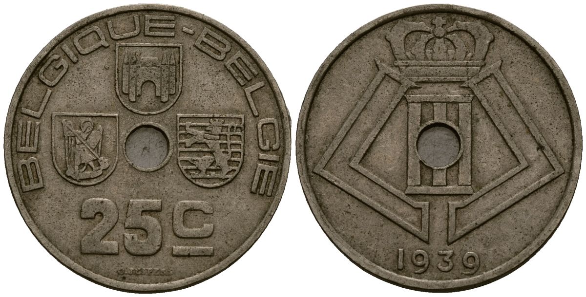 Бельгия 25 сантимов 1939 Belgique - Belgie KM 114 никель латунь 4382-223