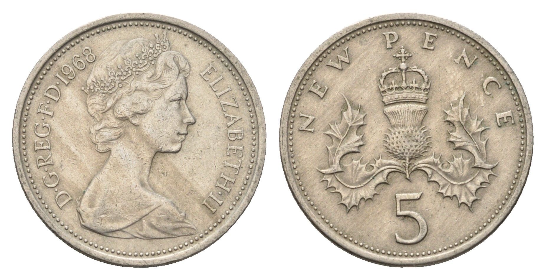 Великобритания 5 пенсов 1968 Елизавета II (1952-2022) KM 911, Spink 4233 (D1) медно-никель 4637-1253
