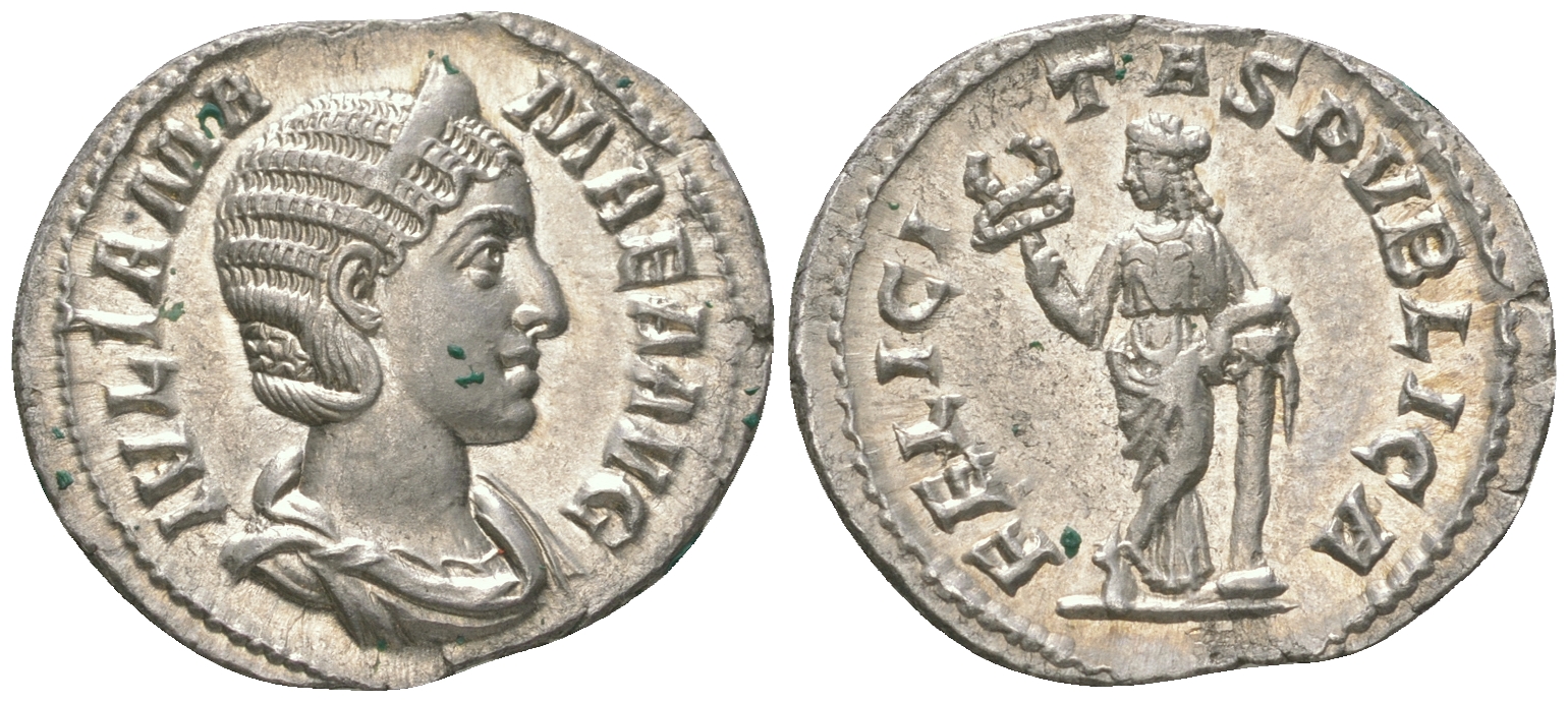 Римская Империя денарий 228 Юлия Мамея, мать Александра Севера, IVLIA MAMAEA AVG, бюст императрицы/FELICITAS PVBLICA, персонификация Счастья, Рим, в слабе RNGA - MS RIC 335 серебро 15-004-07