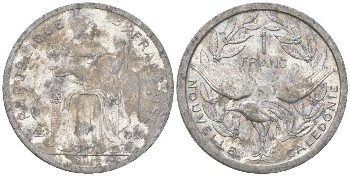 Французская Новая Каледония 1 франк 2018 птица кагу, (IEOM) KM 10, Schoen 10 алюминий 54-1344