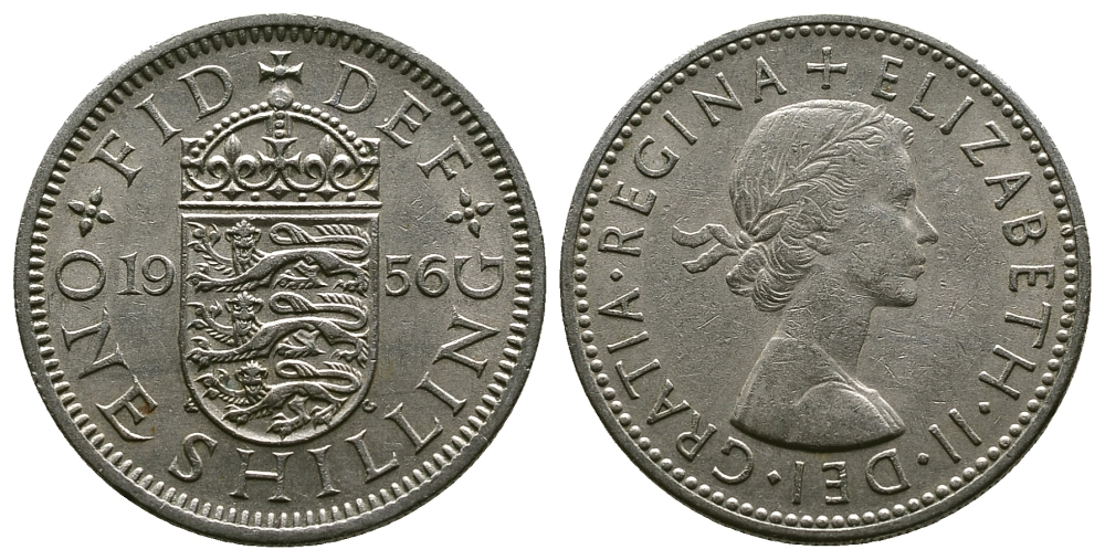 Великобритания 1 шиллинг 1956 Елизавета II (1952-2022), Английский герб KM 904, Spink 4147 медно-никель 4384-342