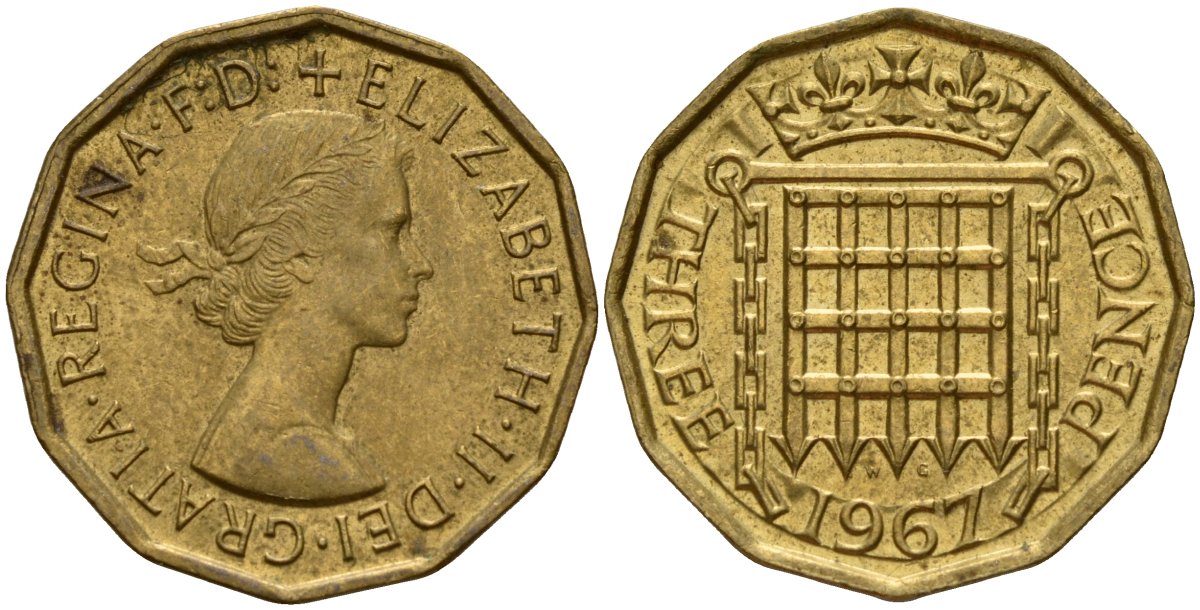 Великобритания 3 пенса 1967 Елизавета II (1952-2022) KM 900, Spink 4153 никель латунь 202-846