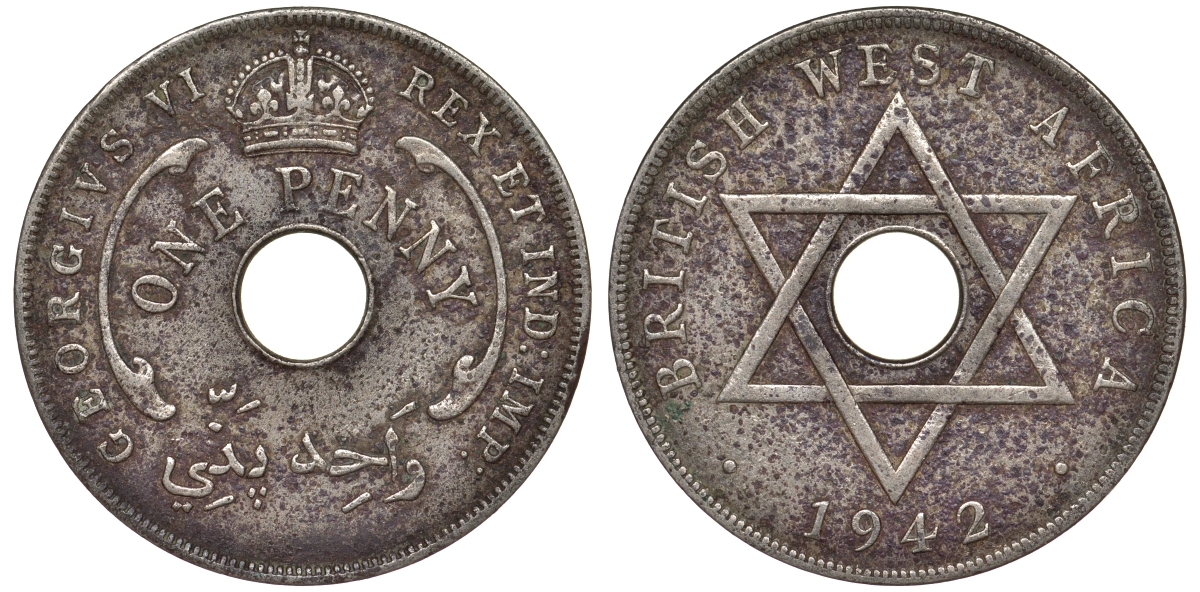Британская Западная Африка 1 пенни 1942 Георг VI KM 19 медно-никель 25-2116