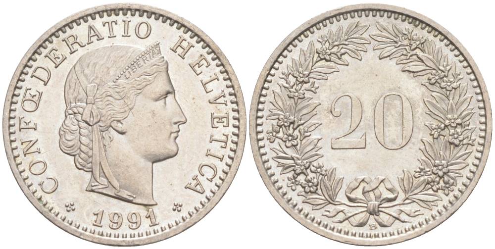ШВЕЙЦАРИЯ 20 РАППЕНОВ 1991 В KM 29a медно-никель 55-1037