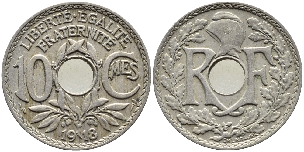 Франция 10 сантимов 1918 тип Линдайё KM 866a, Le Franc 138.3 медно-никель 83-222