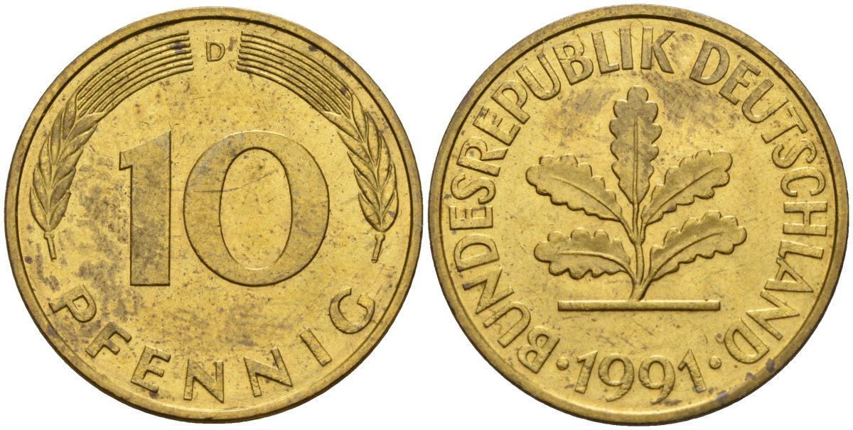ФРГ 10 пфеннигов 1991 D KM 108, J. 383 сталь плакированная латунью 4175-444