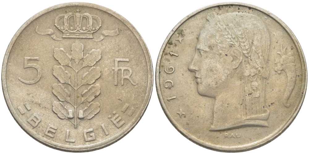 БЕЛЬГИЯ 5 ФРАНКОВ 1961 BELGIE, БОДУЭН I (1951-1993) KM 135.1 медно-никель 119-755