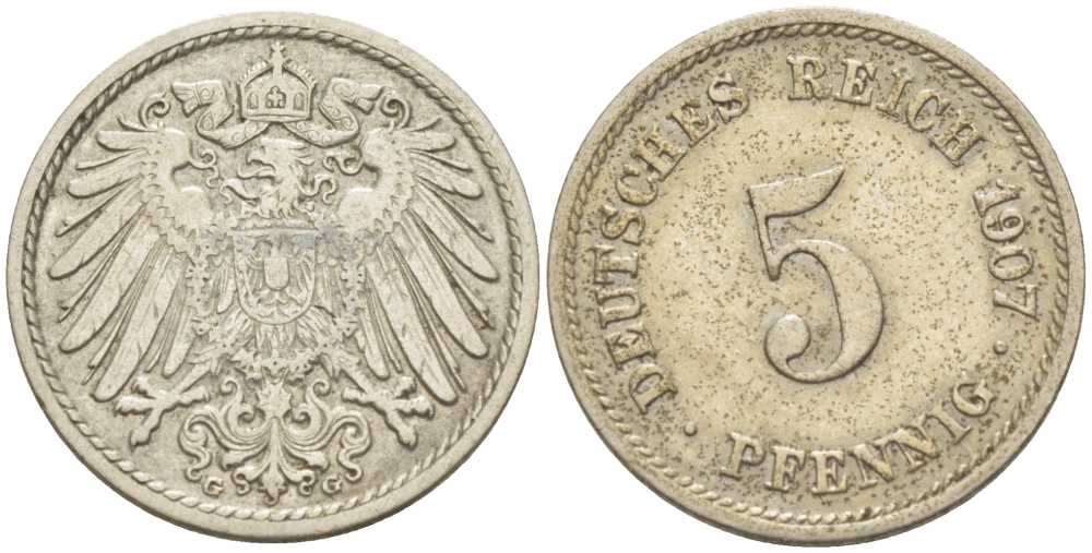 ГЕРМАНИЯ 5 ПФЕННИГОВ 1907 G KM 11, J. 12, Weege 6 медно-никель 206-951