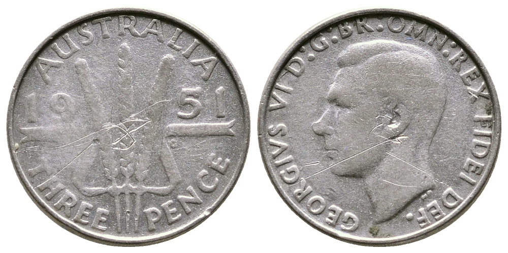 Австралия 3 пенса 1951 m, Георг VI (1937-1952), без букв KM 44 серебро 4178-236