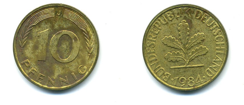 ФРГ 10 ПФЕННИГОВ 1984 J KM 108, J.383 сталь плакированная латунью 46-1446