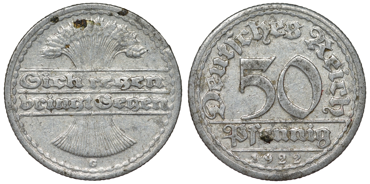 Германия 50 пфеннигов 1922 G KM 27, J. 301, Weege 10 алюминий 4121-1146
