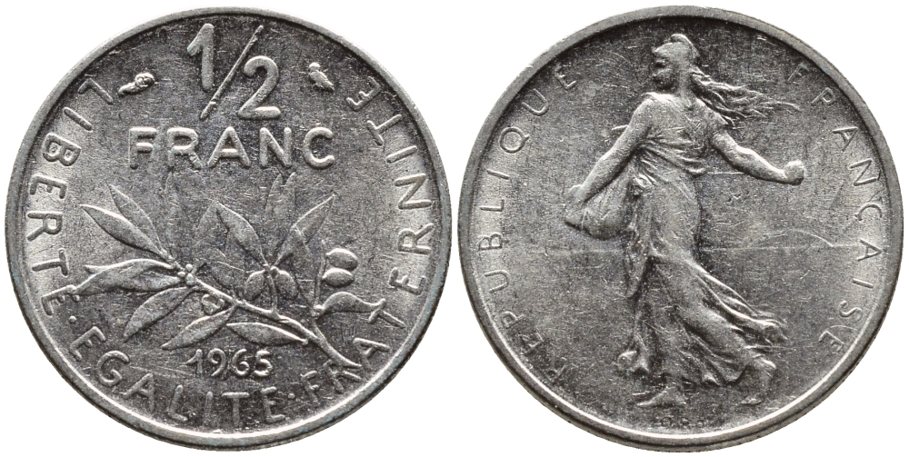 Франция 1/2 франка 1965 сеятель KM 931, Le Franc 198.3 никель 4392-462