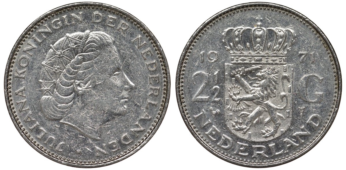 Нидерланды 2 1/2 гульдена 1971 Юлиана (1948-1980) KM 191 никель 4131-126