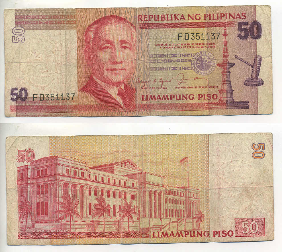 ФИЛИППИНЫ 50 ПЕСО 1987-1994 ПОДПИСЬ 11, ЧЕРНАЯ СЕРИЯ Pick 171а бумага 7222-79-3