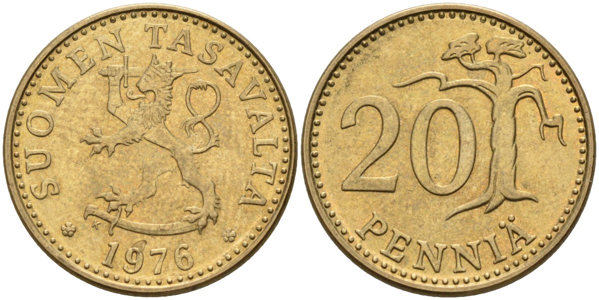 Финляндия 20 пенни 1976 K KM 47 алюминиевая бронза 4582-1256