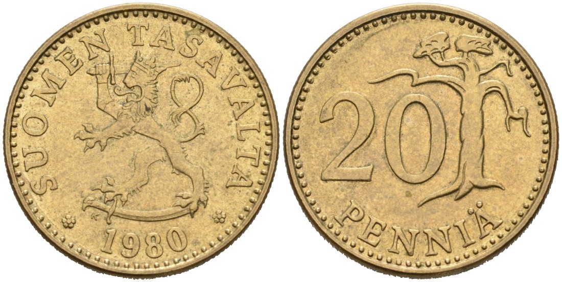 ФИНЛЯНДИЯ 20 ПЕННИ 1980 K KM 47 алюминиевая бронза 4563-327
