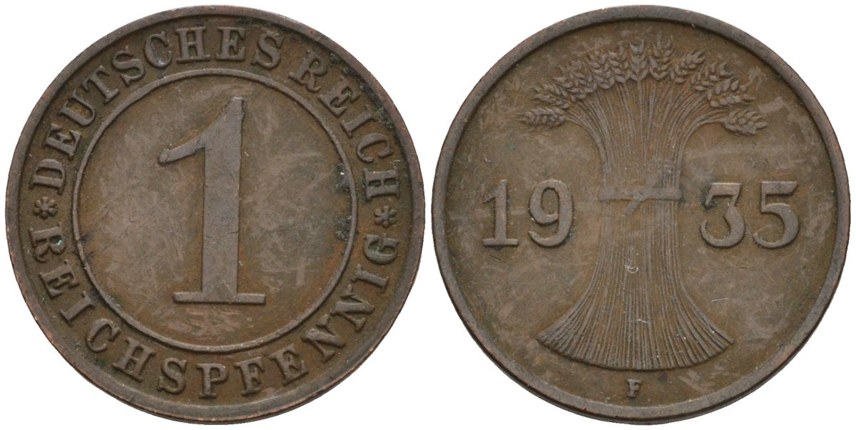 Германия 1 рейхспфенниг 1935 F KM 37, J. 313 бронза 4124-826